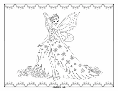 Dibujo de princesas para colorear para adultos: Una princesa hada con vestido floral, alas y tiara de gotas de rocío