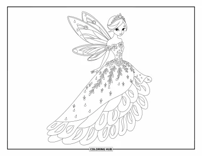 Dibujo de princesas para colorear para adultos: Una princesa hada con vestido floral y alas, de pie sobre una nube