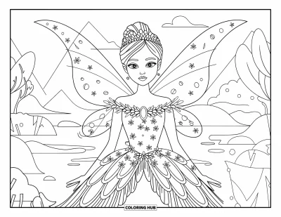 Dibujo de princesas para colorear para adultos: Una princesa hada con vestido etéreo está de pie con elegancia junto a un lago tranquilo