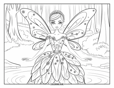 Dibujo de princesas para colorear para adultos: Una princesa hada con alas delicadas y vestido cubierto de estampados florales