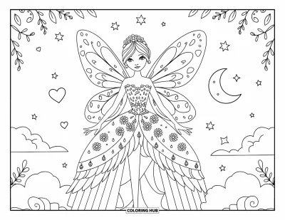 Dibujo de princesas para colorear para adultos: Una princesa hada con alas y vestido adornado con flores sobre una nube