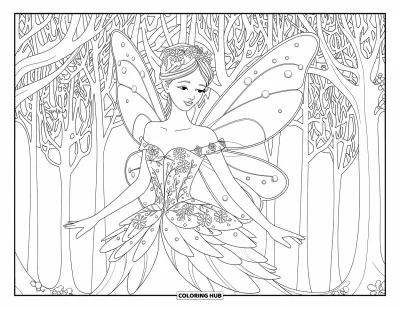 Dibujo de princesas para colorear para adultos: Una princesa hada con alas lleva un vestido floral en un bosque sereno
