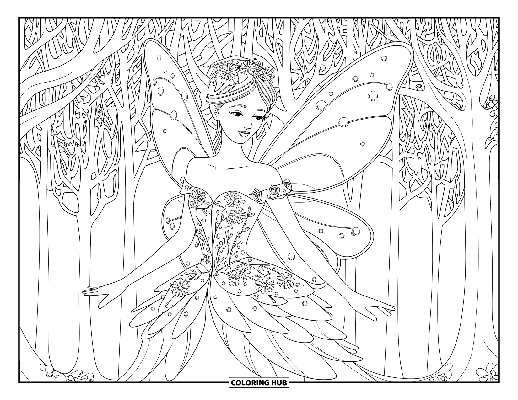 Princess Coloring Page for Adults: A fairy princess with wings wears a floral gown in a serene forest