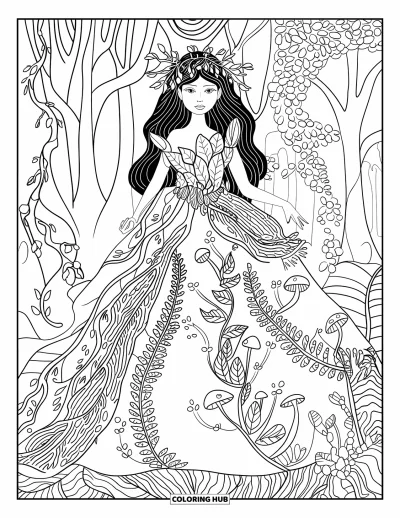 Dibujo de princesas para colorear para adultos: Una princesa del bosque con vestido de hojas, hongos brillantes y corona de hojas