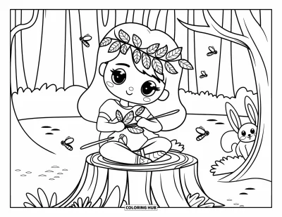 Dibujo de princesas para colorear para adultos: Una princesa del bosque se arrodilla sobre un tronco y teje una corona de hojas y flores