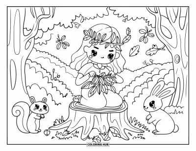 Dibujo de princesas para colorear para adultos: Una princesa del bosque teje una corona de hojas, rodeada de animales amistosos del bosque