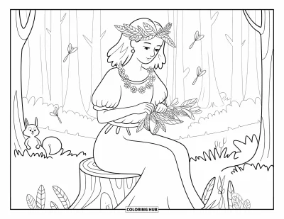 Dibujo de princesas para colorear para adultos: Una princesa del bosque teje una corona de hojas, rodeada de animales amistosos del bosque