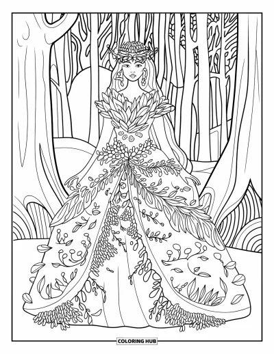 Dibujo de princesas para colorear para adultos: Una princesa del bosque con vestido de hojas y hongos brillantes bajo árboles altos