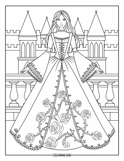 Dibujo de princesas para colorear para adultos: Una princesa gótica con vestido de terciopelo y rosas, y corona de espinas