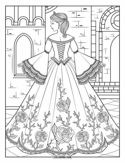 Dibujo de princesas para colorear para adultos: Una princesa gótica con vestido de terciopelo y rosas está de pie con elegancia junto a un castillo de piedra