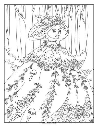 Dibujo de princesas para colorear para adultos: Una princesa mística con vestido de hojas rodeada de hongos brillantes en un bosque