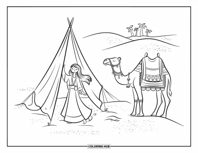 Dibujo de princesas para colorear para adultos: Una princesa nómada monta una tienda junto a un camello en el desierto