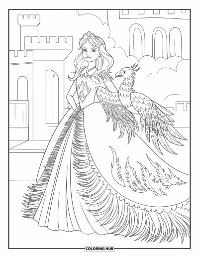 Dibujo de princesas para colorear para adultos: Una princesa fénix con vestido de plumas está de pie con porte real junto a un castillo