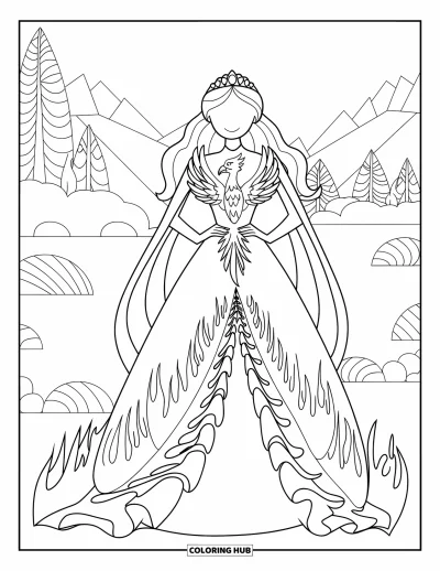 Dibujo de princesas para colorear para adultos: Una princesa fénix con vestido de plumas y volantes de aspecto llameante