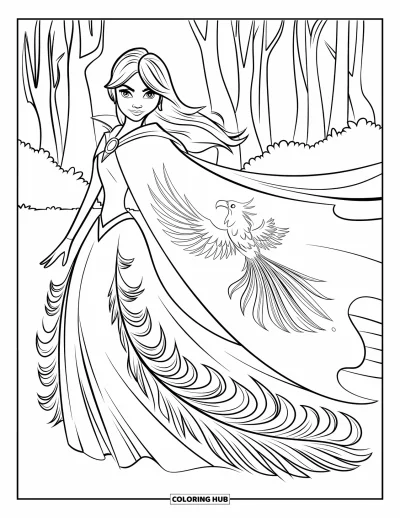 Dibujo de princesas para colorear para adultos: Una princesa fénix con vestido de aspecto llameante rodeada de un bosque frondoso
