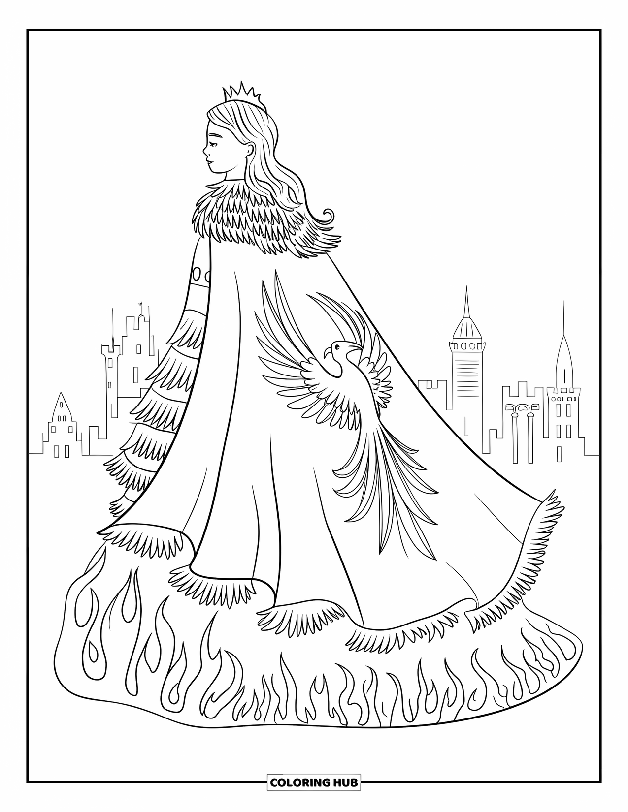 Princess Coloring Page for Adults: A phoenix princess with a feathered gown and a crown near a city