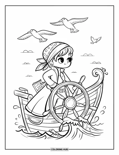 Dibujo de princesas para colorear para adultos: Una princesa pirata sujeta el timón mientras vuelan gaviotas por encima