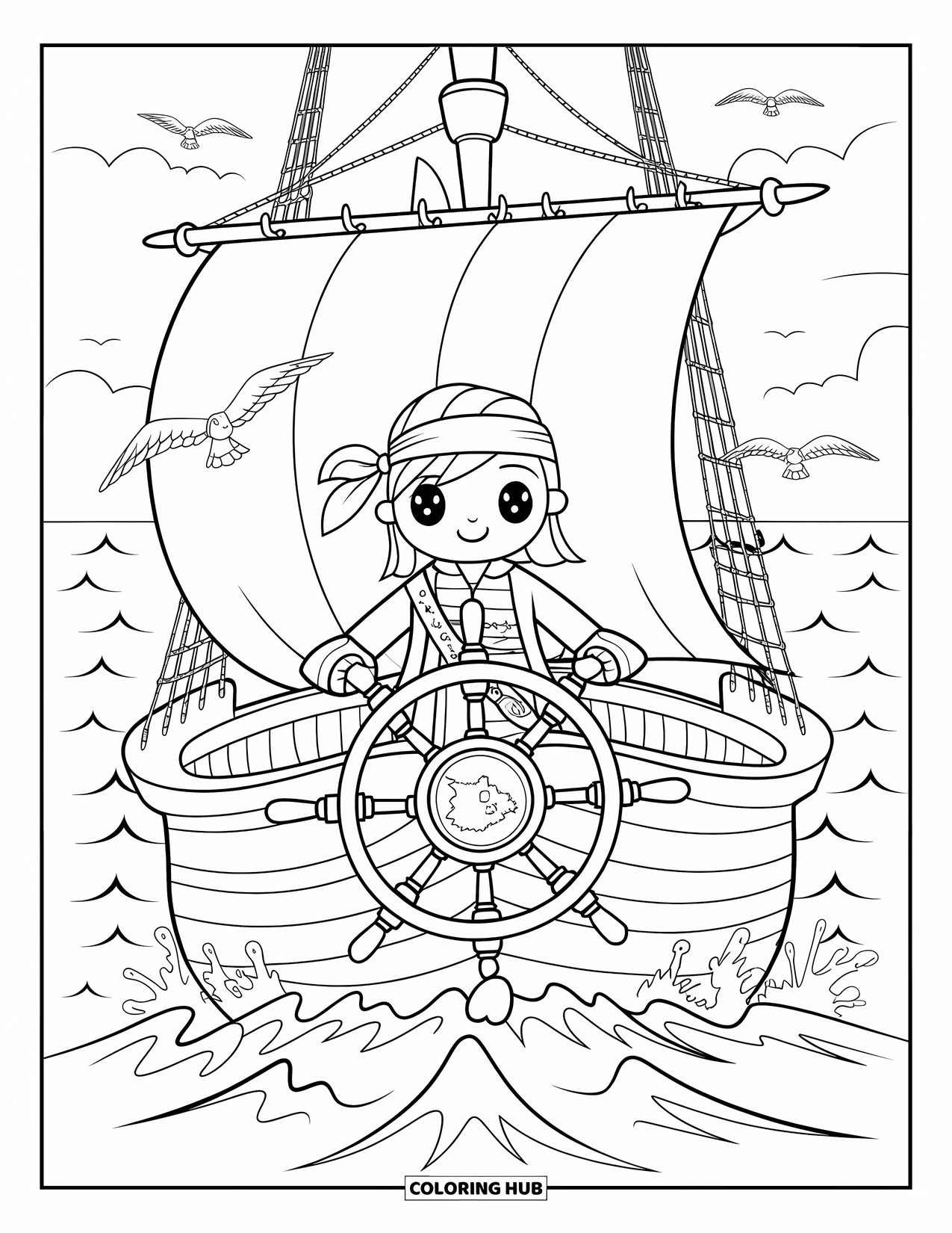 Princess Coloring Page for Adults: A pirate princess stands at the helm, looking toward the horizon