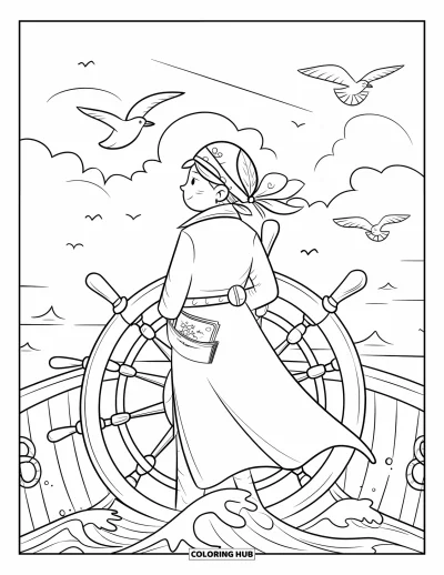 Dibujo de princesas para colorear para adultos: Una princesa pirata está en el timón mirando hacia el horizonte