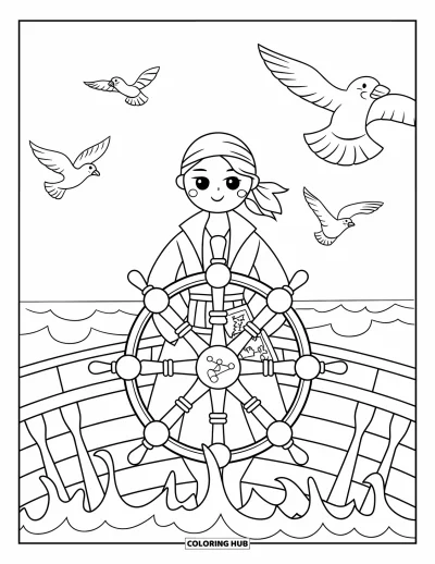 Dibujo de princesas para colorear para adultos: Una princesa pirata con pañuelo dirige su barco mientras las olas rompen alrededor