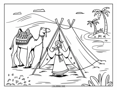 Dibujo de princesas para colorear para adultos: Una princesa y su camello descansan junto a un oasis en el desierto