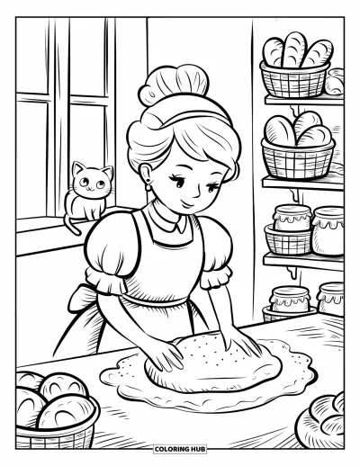 Dibujo de princesas para colorear para adultos: Una princesa hornea pan en una cocina cálida, con un gato en el alféizar