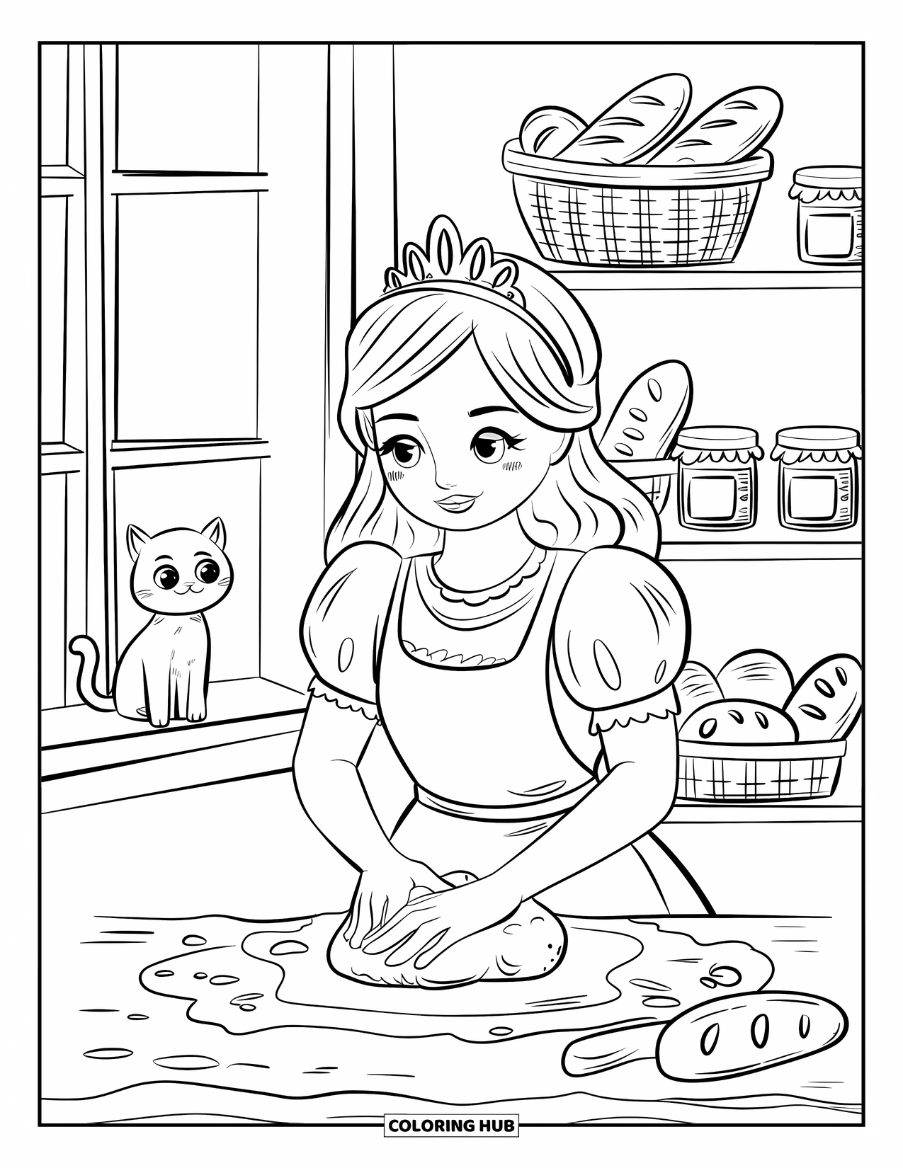 Princess Coloring Page for Adults: A princess bakes bread in a cozy kitchen with a cat on the windowsill