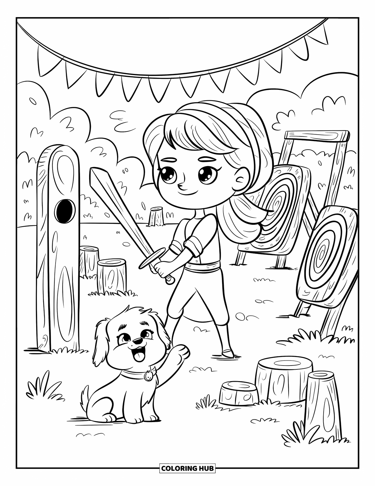 Princess Coloring Page for Adults: A princess bakes in the royal kitchen, a tiny cat nearby