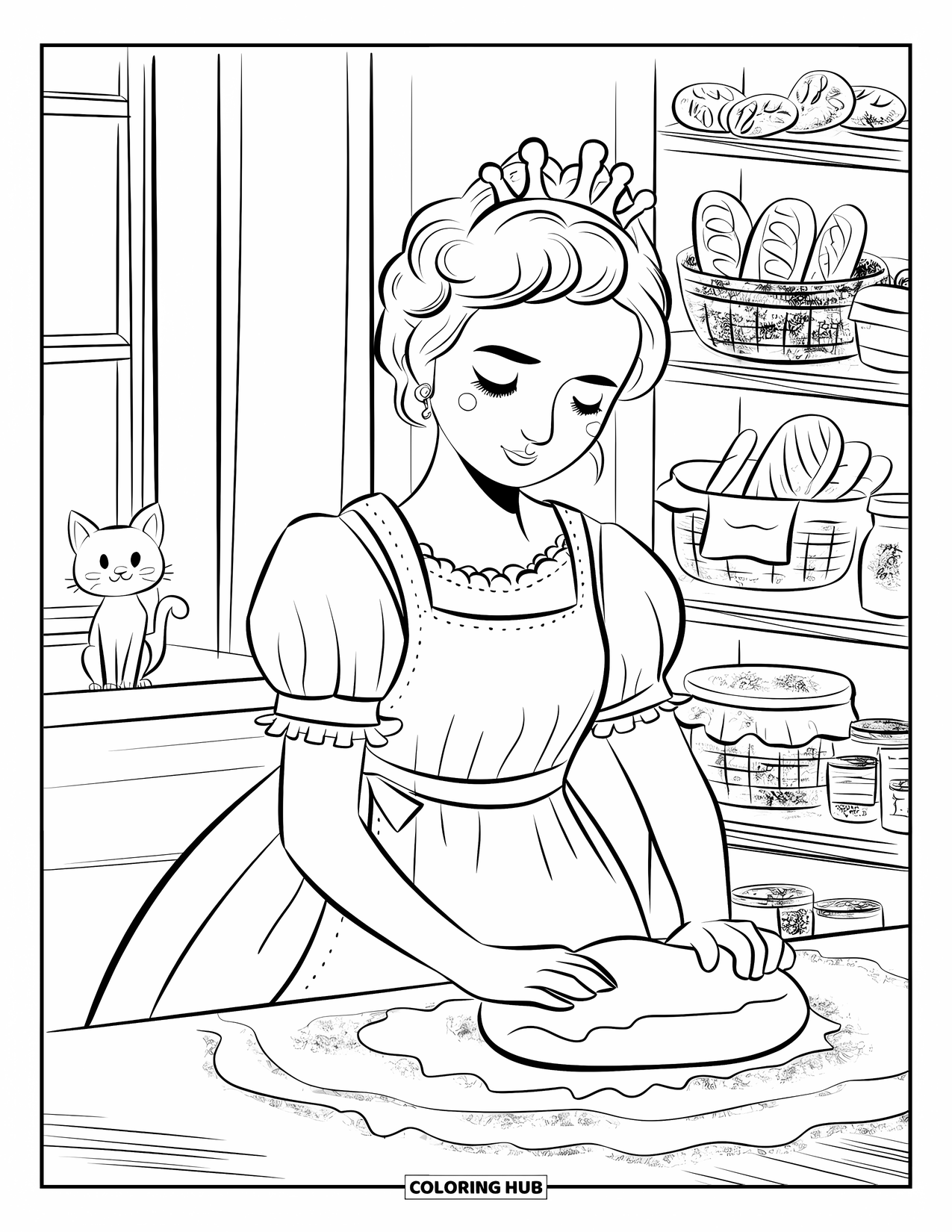 Princess Coloring Page for Adults: A princess bakes in the royal kitchen, a tiny cat nearby