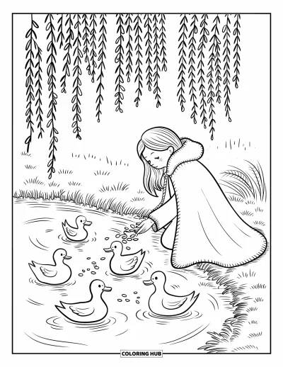 Dibujo de princesas para colorear para adultos: Una princesa da de comer a patos junto a un estanque, con un sauce encima