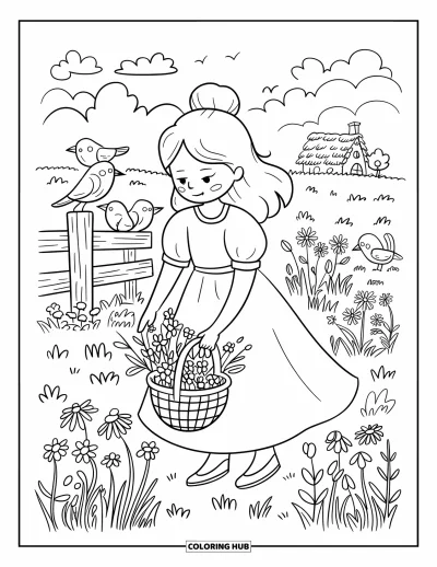 Dibujo de princesas para colorear para adultos: Una princesa recoge flores silvestres en una cesta, con pájaros posados cerca
