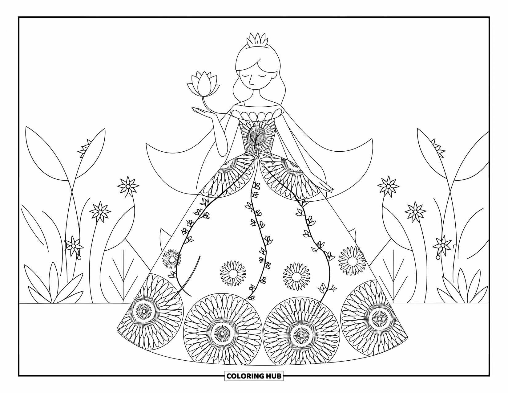 Princess Coloring Page for Adults: A princess holds a lotus flower, standing peacefully in a lush garden