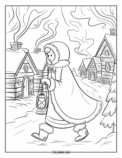 Dibujo de princesas para colorear para adultos: Una princesa con capa abrigada lleva una linterna por un pueblo nevado