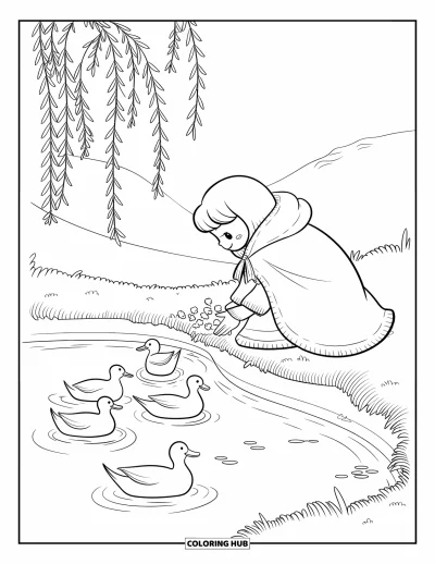 Dibujo de princesas para colorear para adultos: Una princesa con capa cálida da de comer a patos junto a un estanque sereno
