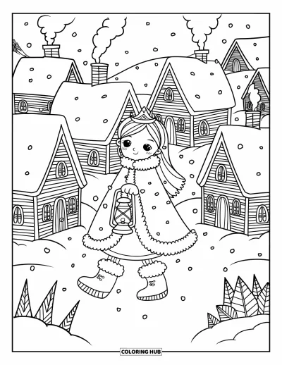 Dibujo de princesas para colorear para adultos: Una princesa con capa abrigada camina con una linterna entre la nieve que cae