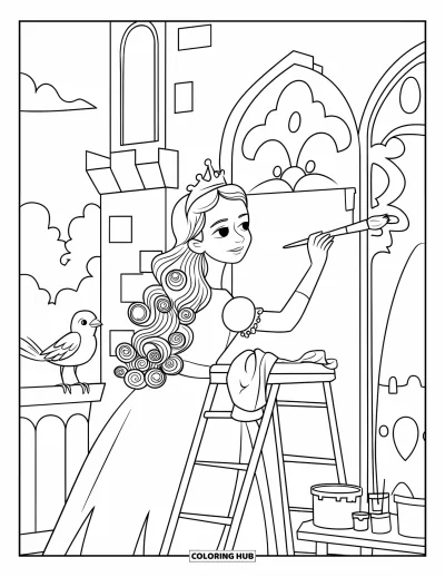 Dibujo de princesas para colorear para adultos: Una princesa con corona pinta un mural mientras un pájaro la observa