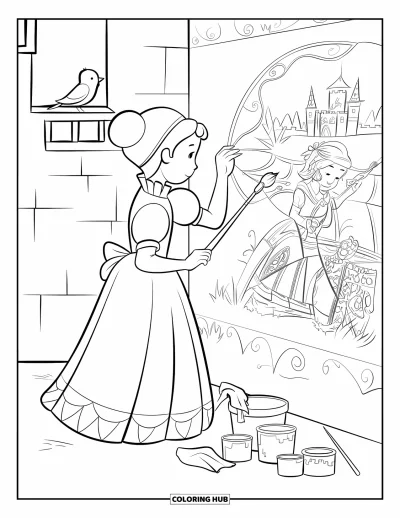 Dibujo de princesas para colorear para adultos: Una princesa con vestido pinta una escena de aventura en un muro del castillo