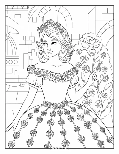 Dibujo de princesas para colorear para adultos: Una princesa con vestido floral y capullos de rosa en el cabello junto a un castillo