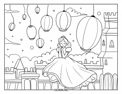 Dibujo de princesas para colorear para adultos: Una princesa con vestido fluido contempla faroles que flotan en el cielo nocturno
