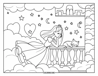Dibujo de princesas para colorear para adultos: Una princesa con vestido suelto contempla las estrellas desde el balcón de un castillo en las nubes