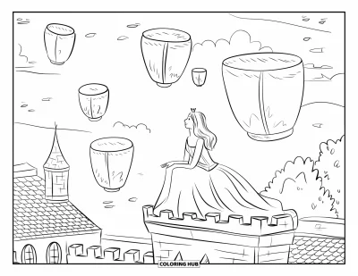 Dibujo de princesas para colorear para adultos: Una princesa con vestido admira faroles flotando sobre una ciudad en calma