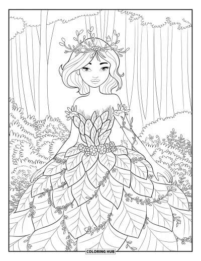 Dibujo de princesas para colorear para adultos: Una princesa con vestido de hojas y flores está de pie con elegancia en un bosque frondoso
