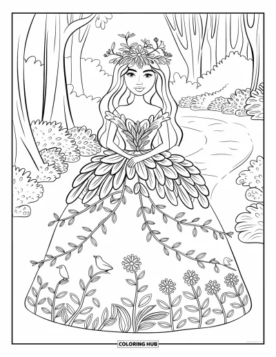 Dibujo de princesas para colorear para adultos: Una princesa con vestido de hojas y flores, con corona de ramitas