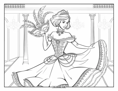Dibujo de princesas para colorear para adultos: Una princesa con vestido de encaje sostiene un antifaz de plumas en un gran salón de baile