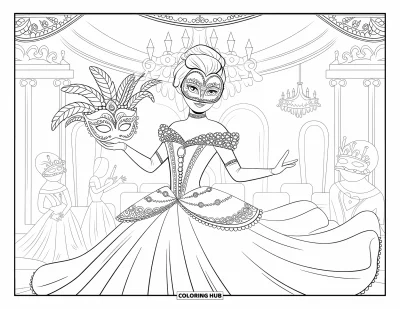 Dibujo de princesas para colorear para adultos: Una princesa con vestido de encaje sostiene un antifaz en un gran salón de baile
