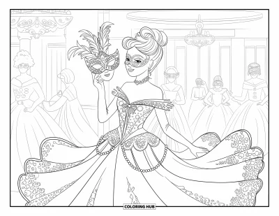 Dibujo de princesas para colorear para adultos: Una princesa con vestido de encaje gira con un antifaz en un salón iluminado por candelabros