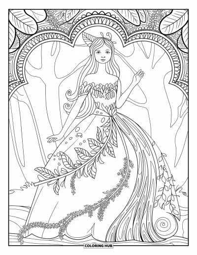 Dibujo de princesas para colorear para adultos: Una princesa con vestido de hojas está de pie en un bosque místico con árboles altos