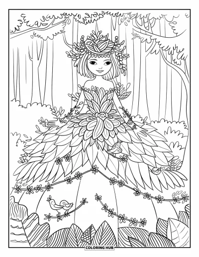 Dibujo de princesas para colorear para adultos: Una princesa con vestido de hojas y corona de ramitas, rodeada de pájaros