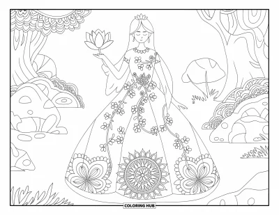 Dibujo de princesas para colorear para adultos: Una princesa con vestido de mandala sostiene una flor de loto en un jardín tranquilo