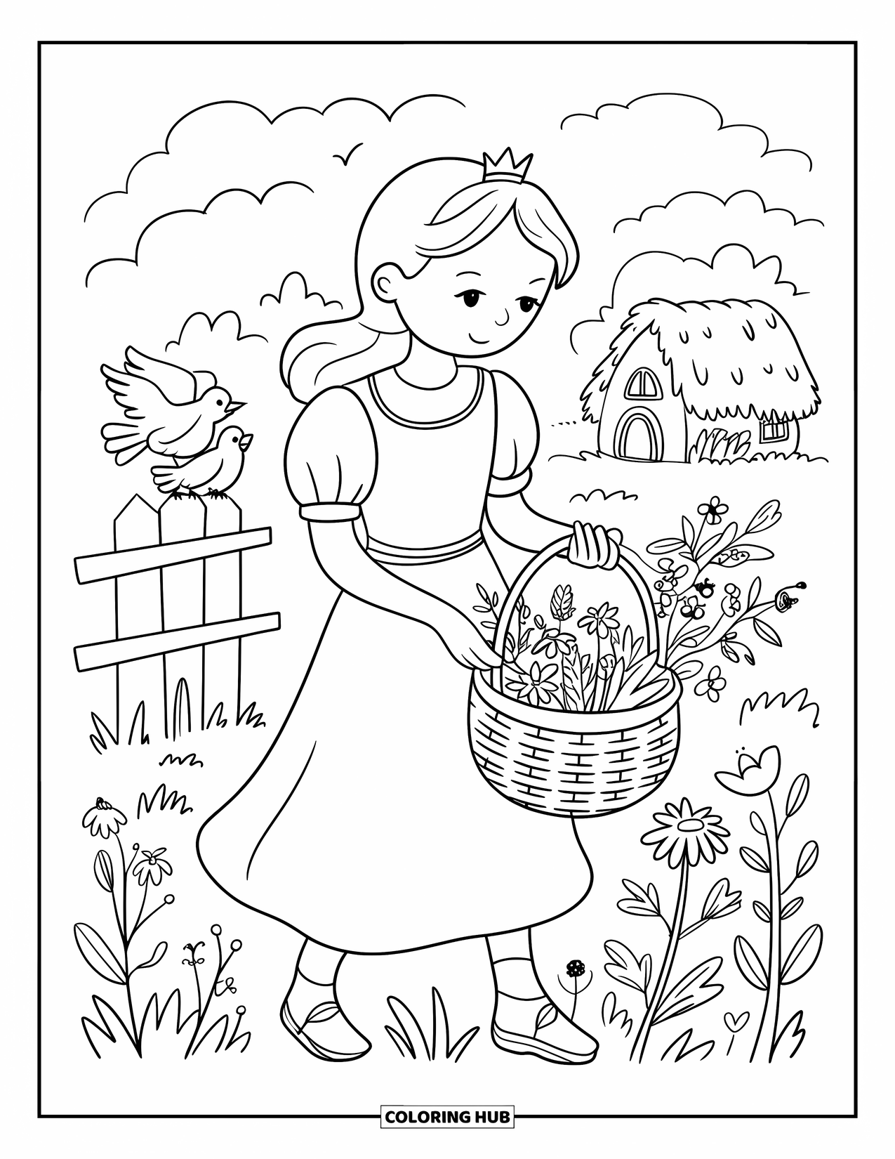 Princess Coloring Page for Adults: A princess in a meadow collects flowers, a cottage in the distance